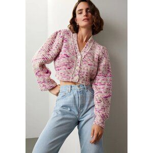 LoveShackFancy Womens Cropped Cardigan Sweater S Pink & Purple Wool Blend